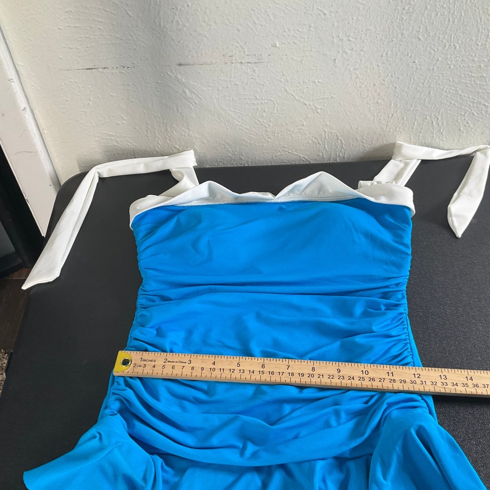 Lauren Ralph‎ Lauren One Piece Swimsuit Blue Ruched Skirt Halter Size 10 - Picture 9 of 11